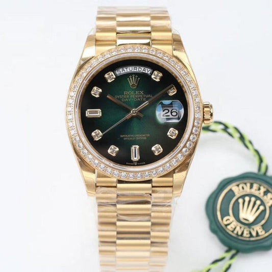 Rolex Day Date Yellow Gold Green Dial Diamonds Watch