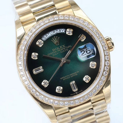 Rolex Day Date Yellow Gold Green Dial Diamonds Watch