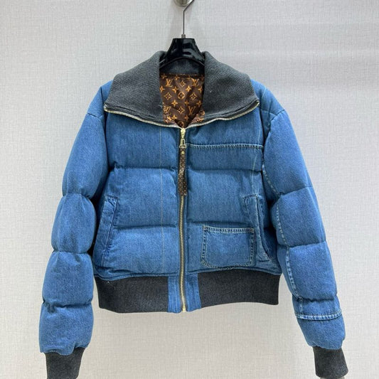 LV Denim-Spliced Lapel Down Jacket
