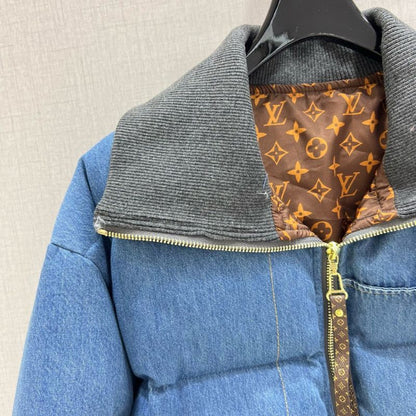 LV Denim-Spliced Lapel Down Jacket