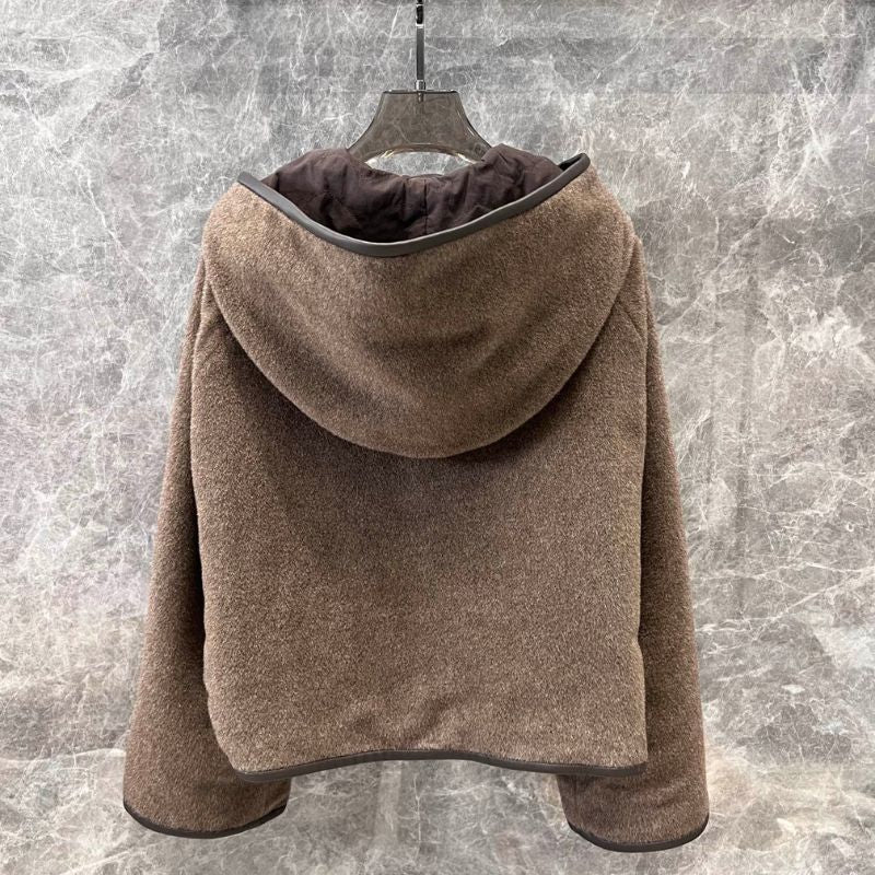 Hemes Alpaca Wool Leather-Bound Hooded Jacket