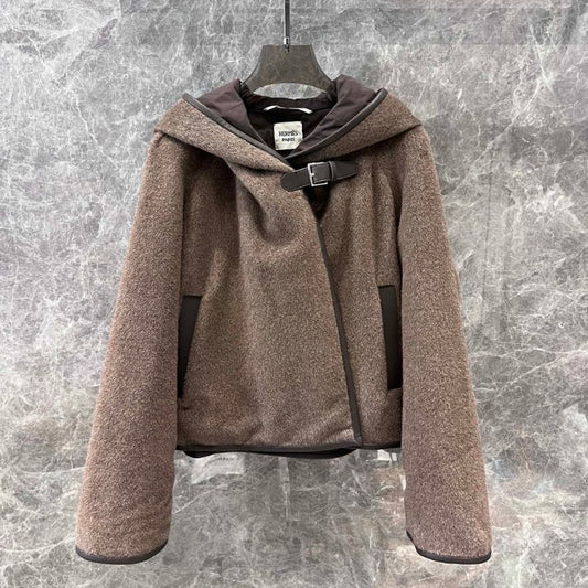 Hemes Alpaca Wool Leather-Bound Hooded Jacket