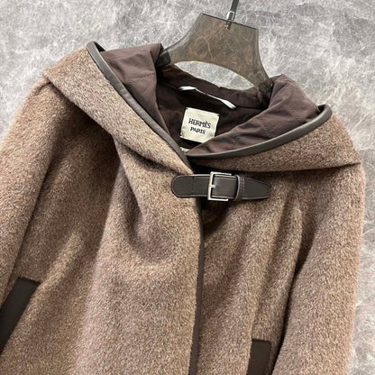 Hemes Alpaca Wool Leather-Bound Hooded Jacket