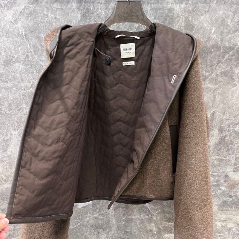 Hemes Alpaca Wool Leather-Bound Hooded Jacket