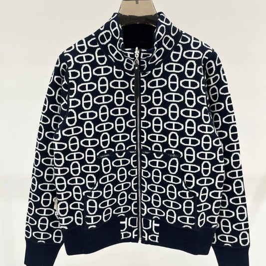 Hermes Pig Nose Jacquard Stand Collar Zipper Knitted Jacket