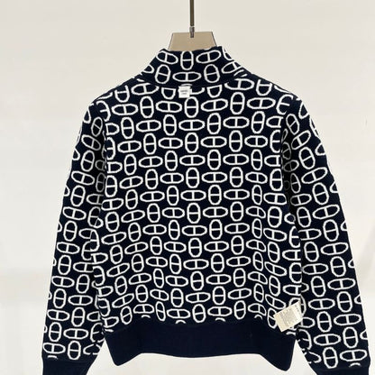 Hermes Pig Nose Jacquard Stand Collar Zipper Knitted Jacket