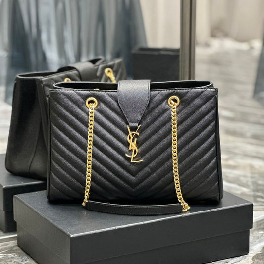 YSL Black Matelasse Leather Cassandre Shopper Tote Bag