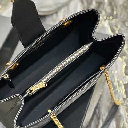 YSL Black Matelasse Leather Cassandre Shopper Tote Bag
