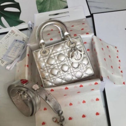 Dior Lady Grid Silver Lambskin Handbag