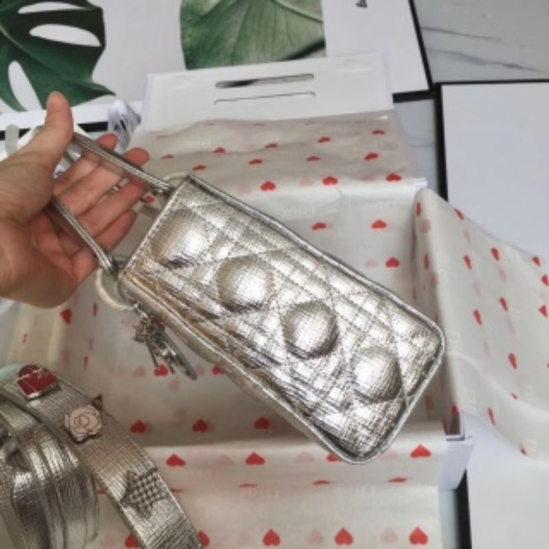 Dior Lady Grid Silver Lambskin Handbag