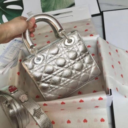 Dior Lady Grid Silver Lambskin Handbag