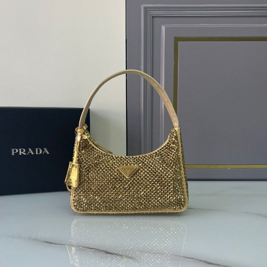 Prada Satin Crystal Mini Re-Edition Platino Bag