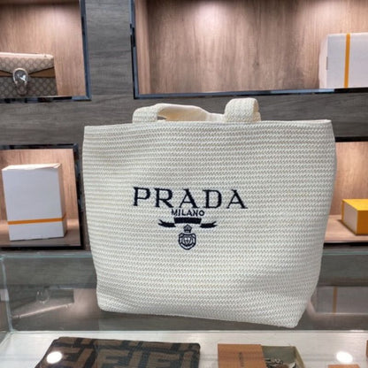 Prada Logo Embroidered Raffia Tote Bag