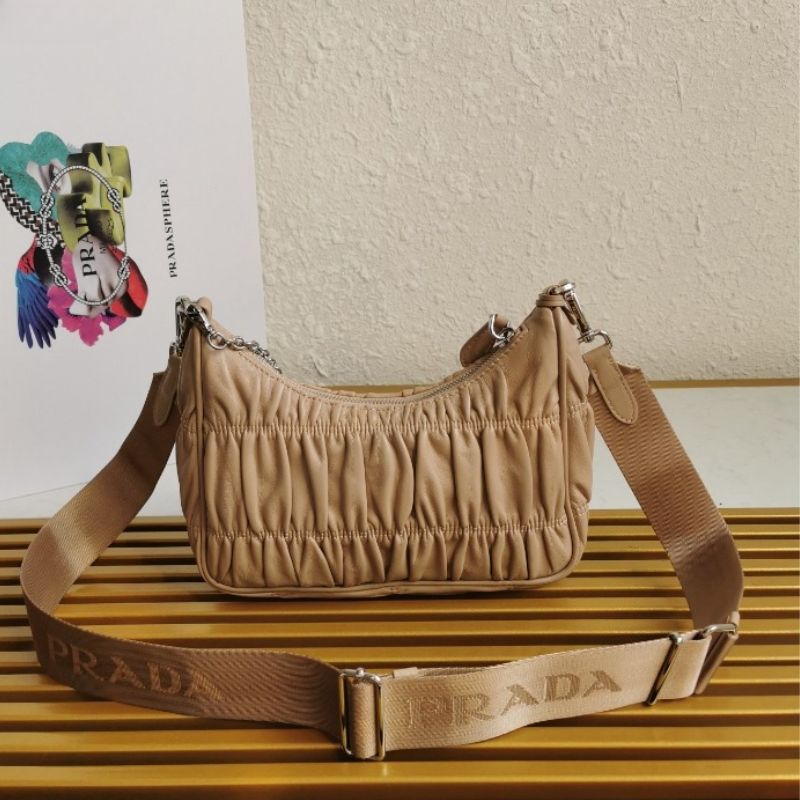 Prada Fold Sheepskin Nylon Hobo Bag