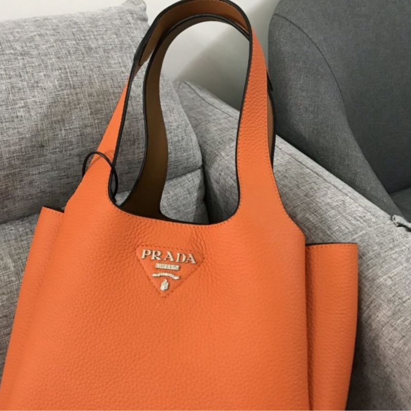 Prada Logo Plaque Orange Tote Bag