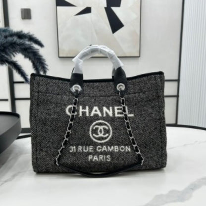 Chanel Deauville Black Wool Silver Hardware Shopping Bag