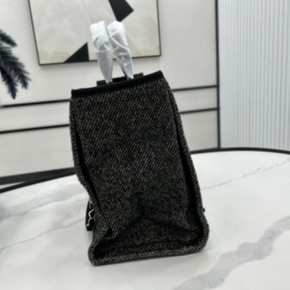 Chanel Deauville Black Wool Silver Hardware Shopping Bag