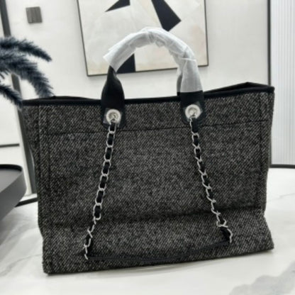 Chanel Deauville Black Wool Silver Hardware Shopping Bag