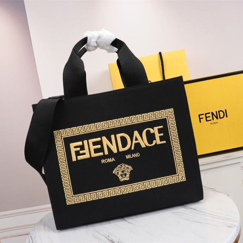 Fendi Canvas Fendace Logo Large Shopping Tote Black Bag