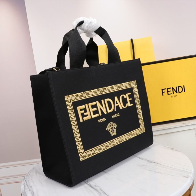 Fendi Canvas Fendace Logo Large Shopping Tote Black Bag