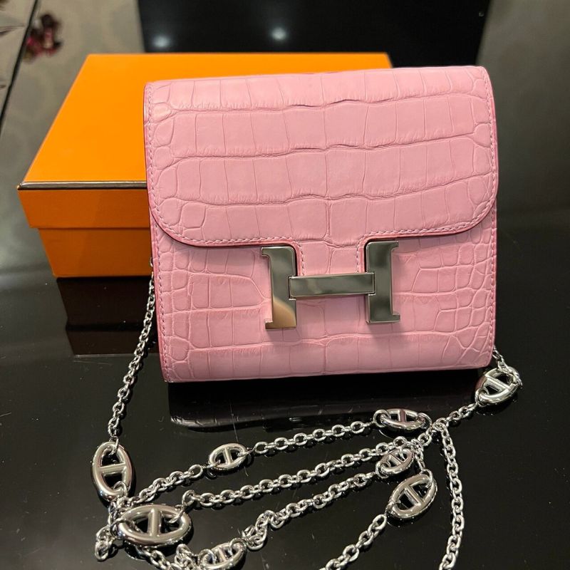 Hermes Constance Compact 5P Bubblegum Epsom Palladium Wallet