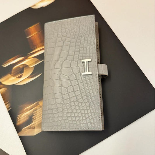 Hermes Bearn Soufflet Grey Alligator Crocodile Skin Wallet