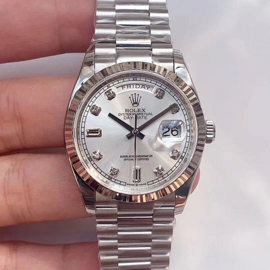 Rolex Day Date 36 Diamond Index Silver Dial Watch