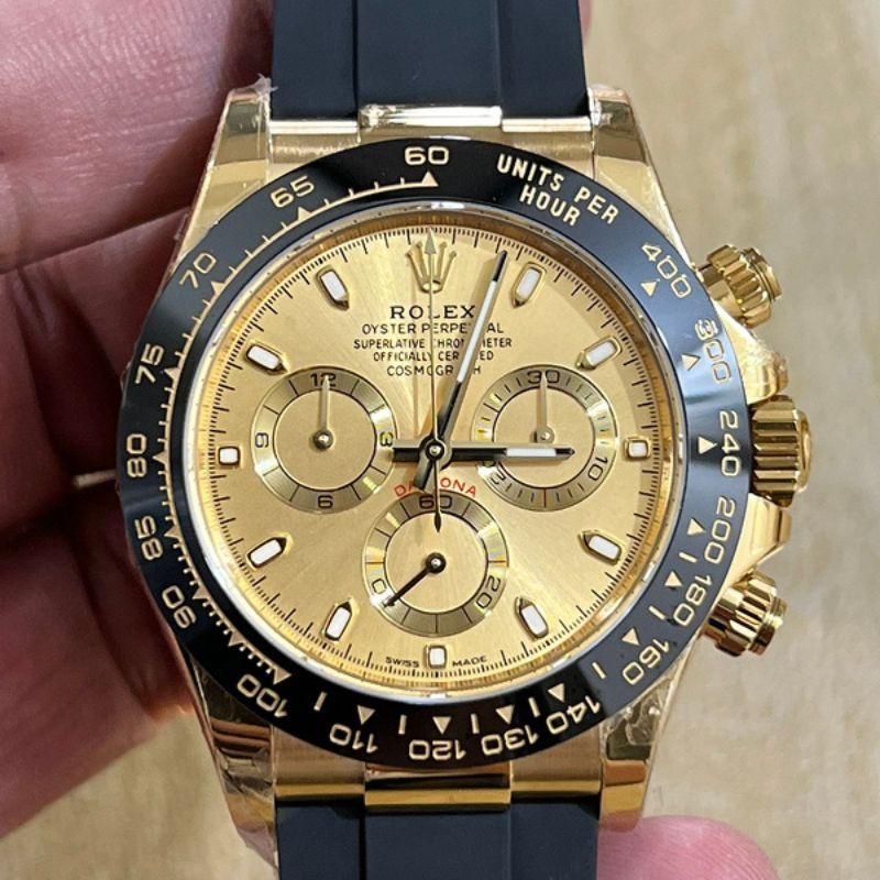 Rolex Cosmograph Daytona Gold Champagne Dial Rubber Strap Watch