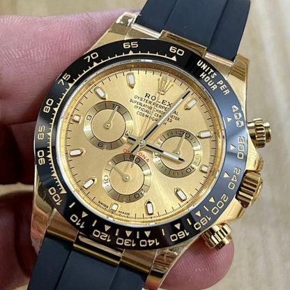 Rolex Cosmograph Daytona Gold Champagne Dial Rubber Strap Watch