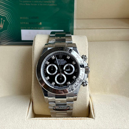 Rolex Daytona Black Diamond Dial White Bezel Watch