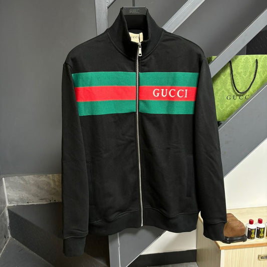 Gucci Classic Red and Green Embroidered Logo Stand-Up Collar Zipper Jacket