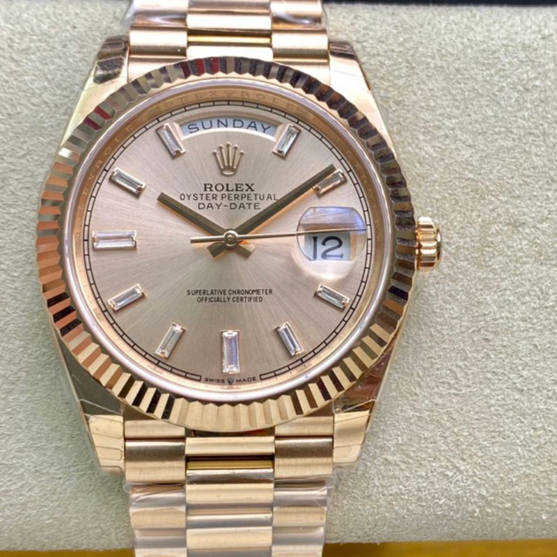 Rolex Day Date 40mm Rose Gold Sundust Baguette Diamond Dial Watch