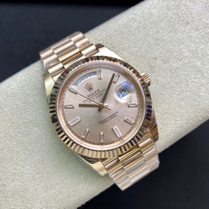 Rolex Day Date 40mm Rose Gold Sundust Baguette Diamond Dial Watch