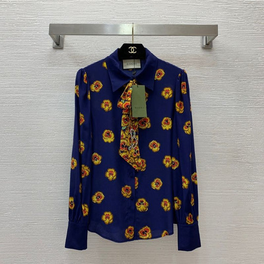 Gucci Inspired Lace Bow & Beaded Heavy Silk Long-Sleeved Shirt