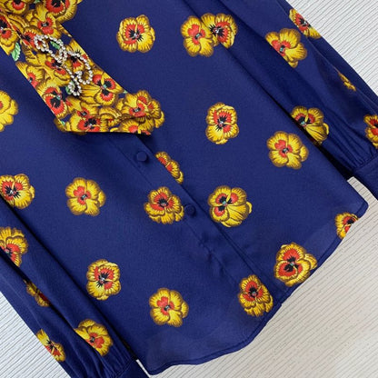 Gucci Inspired Lace Bow & Beaded Heavy Silk Long-Sleeved Shirt