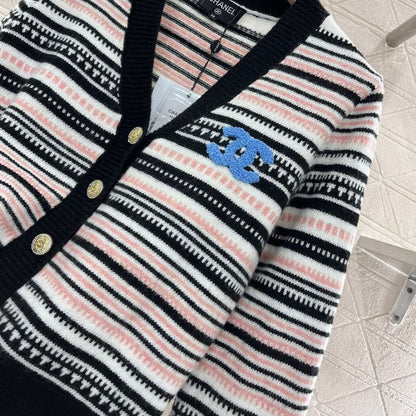 Chanel Contrast Striped Knitted Double C Logo Cardigan