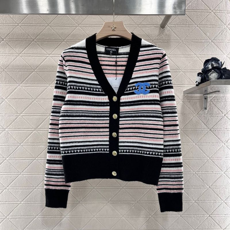 Chanel Contrast Striped Knitted Double C Logo Cardigan