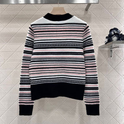 Chanel Contrast Striped Knitted Double C Logo Cardigan