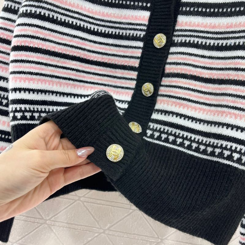 Chanel Contrast Striped Knitted Double C Logo Cardigan