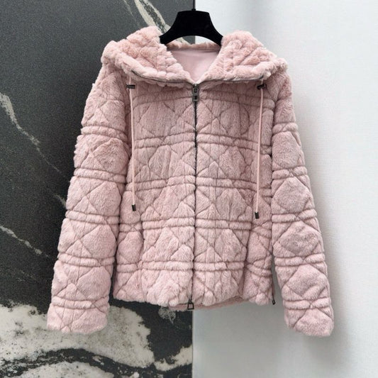 Dior Princess Diana Rattan Check Faux Fur Hooded Jacket