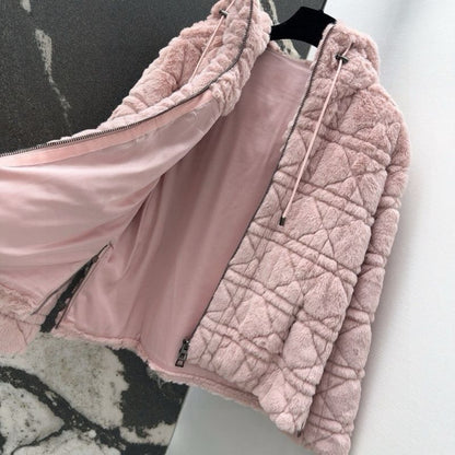 Dior Princess Diana Rattan Check Faux Fur Hooded Jacket