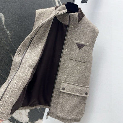 Prada Herringbone Wool Blend Stand Collar Vest Coat