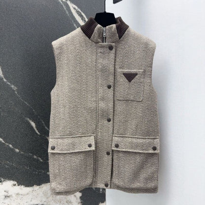 Prada Herringbone Wool Blend Stand Collar Vest Coat