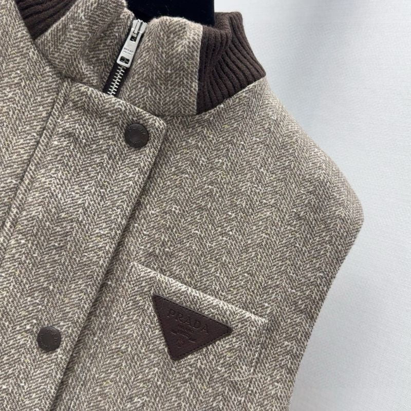 Prada Herringbone Wool Blend Stand Collar Vest Coat