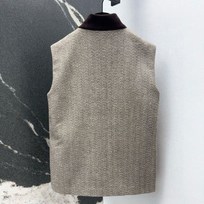 Prada Herringbone Wool Blend Stand Collar Vest Coat