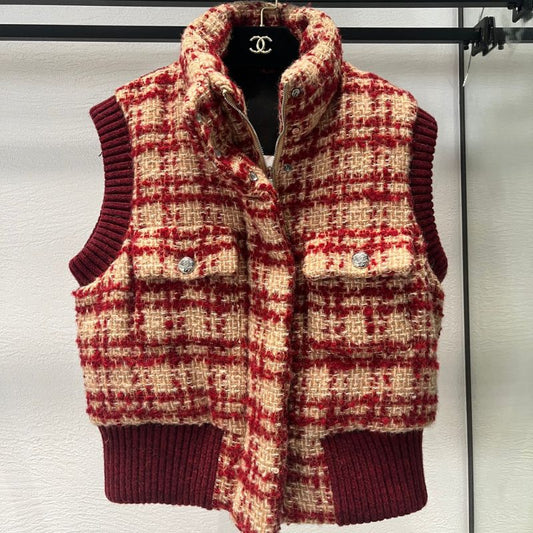 Chanel Ski Red-Brown Tweed Plaid Down Vest