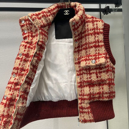 Chanel Ski Red-Brown Tweed Plaid Down Vest