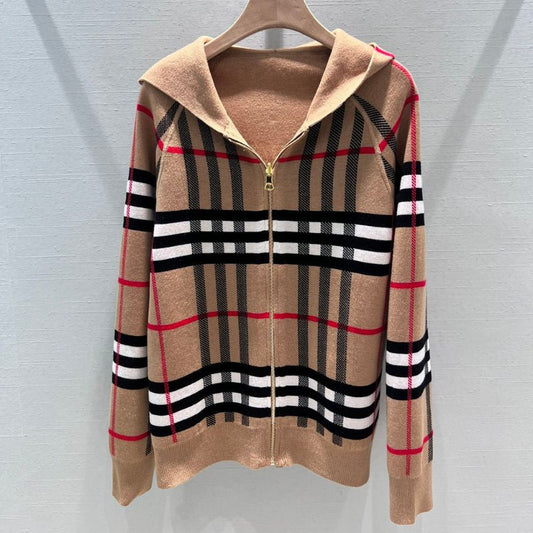 Burberry Double-Sided Plaid Hooded Cardigan