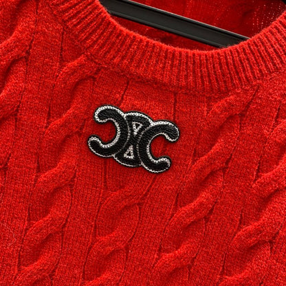 Celine Red Wisted Button Rope Craft Pullover