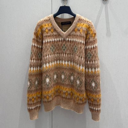 Louis Vuitton Jacquard Pattern Long-Sleeved V-Neck Cashmere Sweater